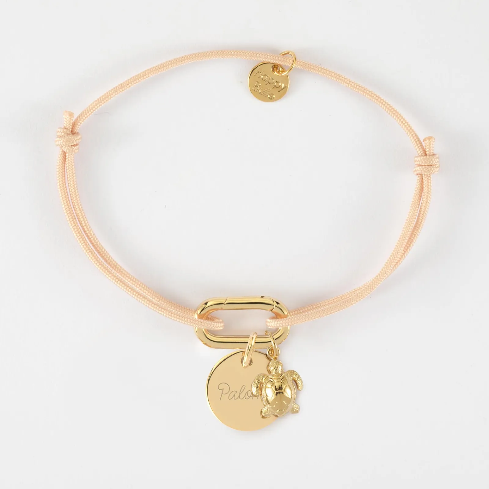 Outlet HappyBulle Bracelet personnalisé cordon mousqueton 17x11 mm médaille gravée plaqué or 15 mm et breloque(s) summer - à composer Plaqué or 18k