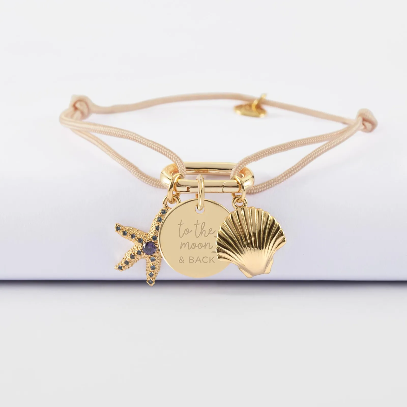 Outlet HappyBulle Bracelet personnalisé cordon mousqueton 17x11 mm médaille gravée plaqué or 15 mm et breloque(s) summer - à composer Plaqué or 18k