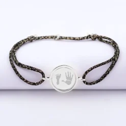 Clearance HappyBulle Bracelet personnalisé cordon pailleté médaille réversible Eternelle gravée argent 2 trous 16 mm Argent rhodié 925