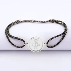 Clearance HappyBulle Bracelet personnalisé cordon pailleté médaille réversible Eternelle gravée argent 2 trous 16 mm Argent rhodié 925