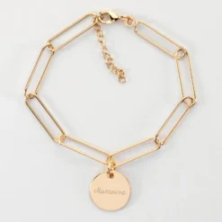 New HappyBulle Bracelet personnalisé grandes mailles médaille gravée plaqué or 15 mm Plaqué or 18k