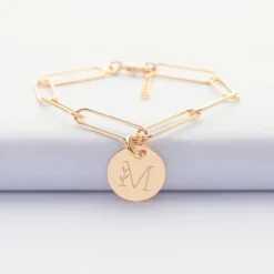 New HappyBulle Bracelet personnalisé grandes mailles médaille gravée plaqué or 15 mm Plaqué or 18k