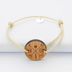 HappyBulle Bracelet personnalisé initiales médaille gravée ronde 2 trous 21 mm "pour les amoureux" Bois