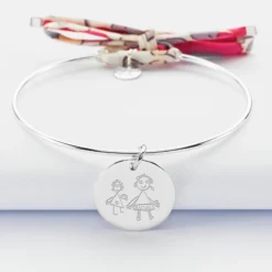 Discount HappyBulle Bracelet personnalisé jonc argent et cordon Liberty médaille gravée 19 mm Argent rhodié 925