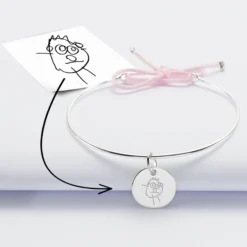 Online HappyBulle Bracelet personnalisé jonc argent et cordon médaille gravée 15 mm Argent rhodié 925