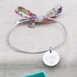 Best HappyBulle Bracelet personnalisé jonc argent et cordon Liberty médaille gravée 15 mm Argent rhodié 925