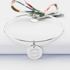 Best HappyBulle Bracelet personnalisé jonc argent et cordon Liberty médaille gravée 15 mm Argent rhodié 925