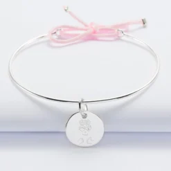 HappyBulle Bracelet personnalisé jonc argent et cordon médaille gravée 15 mm - x Barbapapa Argent rhodié 925