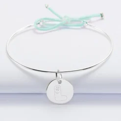 HappyBulle Bracelet personnalisé jonc argent et cordon médaille gravée 15 mm - x Barbapapa Argent rhodié 925