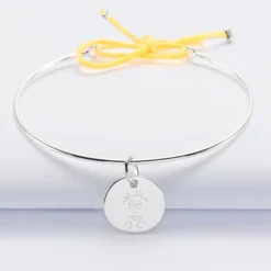 HappyBulle Bracelet personnalisé jonc argent et cordon médaille gravée 15 mm - x Barbapapa Argent rhodié 925