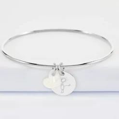 Hot HappyBulle Bracelet personnalisé jonc argent médaille gravée 15 mm et breloque nacre 10 mm Argent rhodié 925