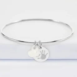 Hot HappyBulle Bracelet personnalisé jonc argent médaille gravée 15 mm et breloque nacre 10 mm Argent rhodié 925