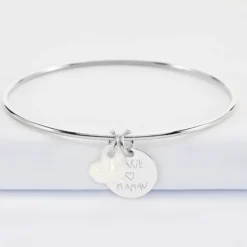 Hot HappyBulle Bracelet personnalisé jonc argent médaille gravée 15 mm et breloque nacre 10 mm Argent rhodié 925