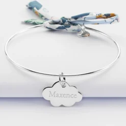 Clearance HappyBulle Bracelet personnalisé jonc argent et cordon Liberty médaille gravée nuage 20x14 mm Argent rhodié 925