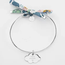 Clearance HappyBulle Bracelet personnalisé jonc argent et cordon Liberty médaille gravée nuage 20x14 mm Argent rhodié 925