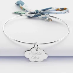 Clearance HappyBulle Bracelet personnalisé jonc argent et cordon Liberty médaille gravée nuage 20x14 mm Argent rhodié 925