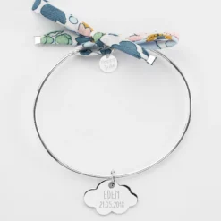 Clearance HappyBulle Bracelet personnalisé jonc argent et cordon Liberty médaille gravée nuage 20x14 mm Argent rhodié 925