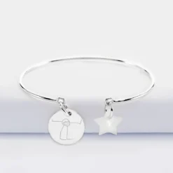 Sale HappyBulle Bracelet personnalisé jonc argent ouvert médaille gravée 15 mm et breloque nacre 10 mm Argent rhodié 925