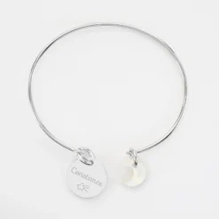 Sale HappyBulle Bracelet personnalisé jonc argent ouvert médaille gravée 15 mm et breloque nacre 10 mm Argent rhodié 925