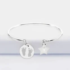 Sale HappyBulle Bracelet personnalisé jonc argent ouvert médaille gravée 15 mm et breloque nacre 10 mm Argent rhodié 925