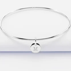 New HappyBulle Bracelet personnalisé jonc argent médaille gravée initiale 10 mm Argent rhodié 925