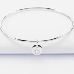 New HappyBulle Bracelet personnalisé jonc argent médaille gravée initiale 10 mm Argent rhodié 925