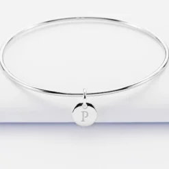 New HappyBulle Bracelet personnalisé jonc argent médaille gravée initiale 10 mm Argent rhodié 925