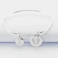 Sale HappyBulle Bracelet personnalisé jonc argent médaille gravée 15 mm et breloque ronde 10 mm Argent rhodié 925