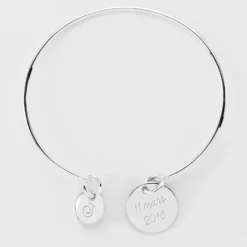 Sale HappyBulle Bracelet personnalisé jonc argent médaille gravée 15 mm et breloque ronde 10 mm Argent rhodié 925