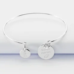 Sale HappyBulle Bracelet personnalisé jonc argent médaille gravée 15 mm et breloque ronde 10 mm Argent rhodié 925