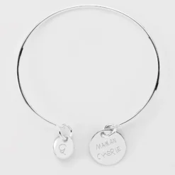 Sale HappyBulle Bracelet personnalisé jonc argent médaille gravée 15 mm et breloque ronde 10 mm Argent rhodié 925