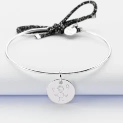 Sale HappyBulle Bracelet personnalisé jonc argent et cordon pailleté médaille gravée 15 mm Argent rhodié 925