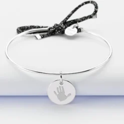 Sale HappyBulle Bracelet personnalisé jonc argent et cordon pailleté médaille gravée 15 mm Argent rhodié 925