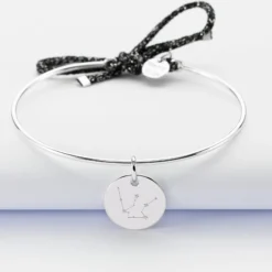 Sale HappyBulle Bracelet personnalisé jonc argent et cordon pailleté médaille gravée 15 mm Argent rhodié 925