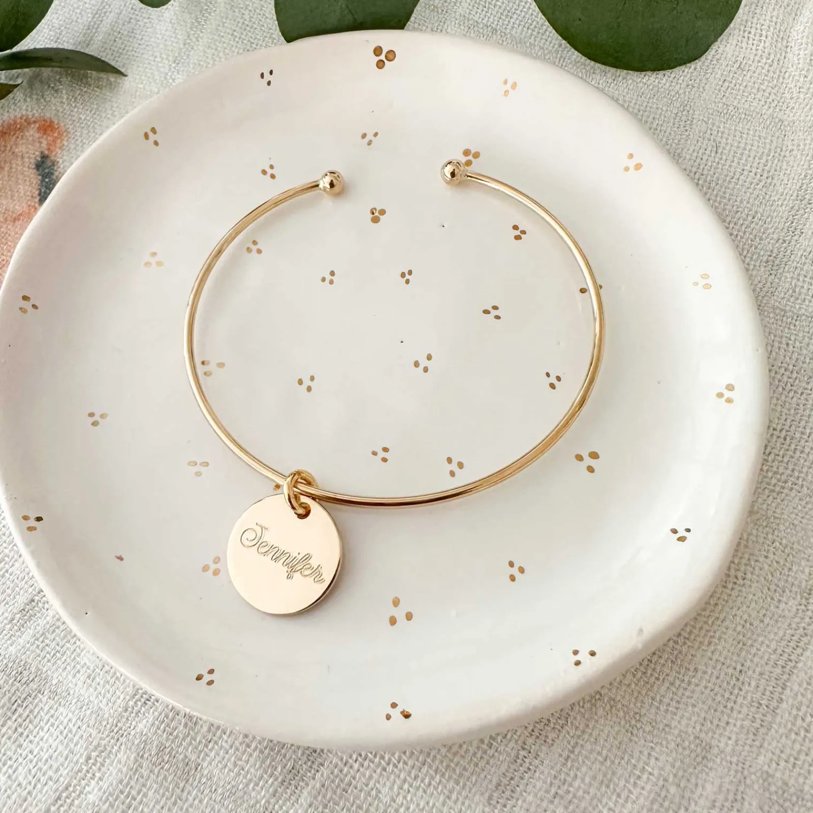 Discount HappyBulle Bracelet personnalisé jonc ouvert boules plaqué or médaille gravée 15 mm Plaqué or 18k