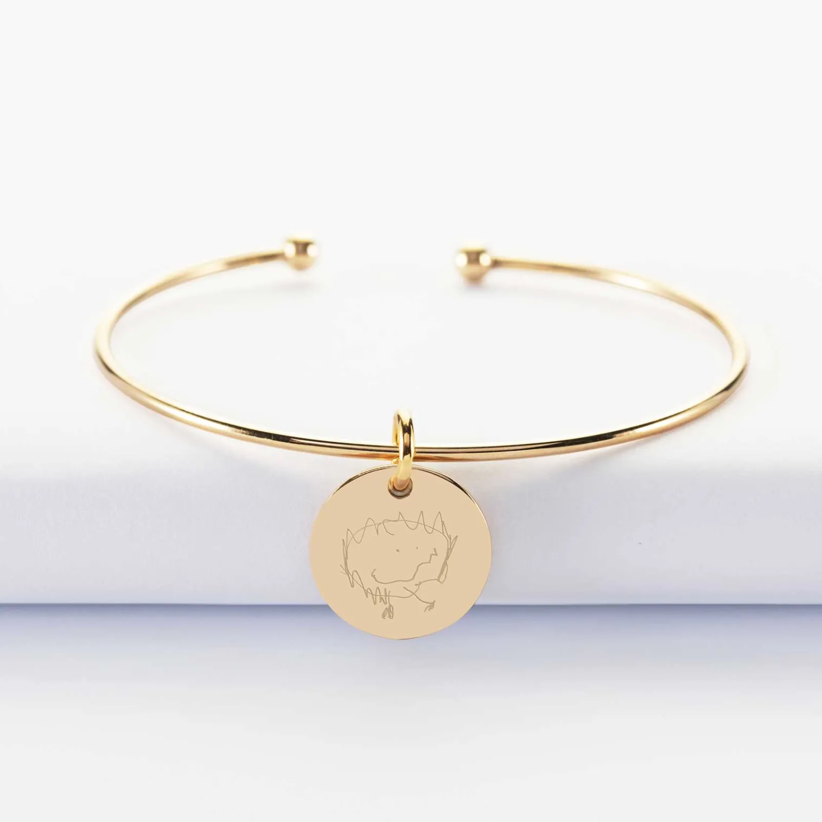 Discount HappyBulle Bracelet personnalisé jonc ouvert boules plaqué or médaille gravée 15 mm Plaqué or 18k