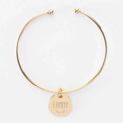 Discount HappyBulle Bracelet personnalisé jonc ouvert boules plaqué or médaille gravée 15 mm Plaqué or 18k