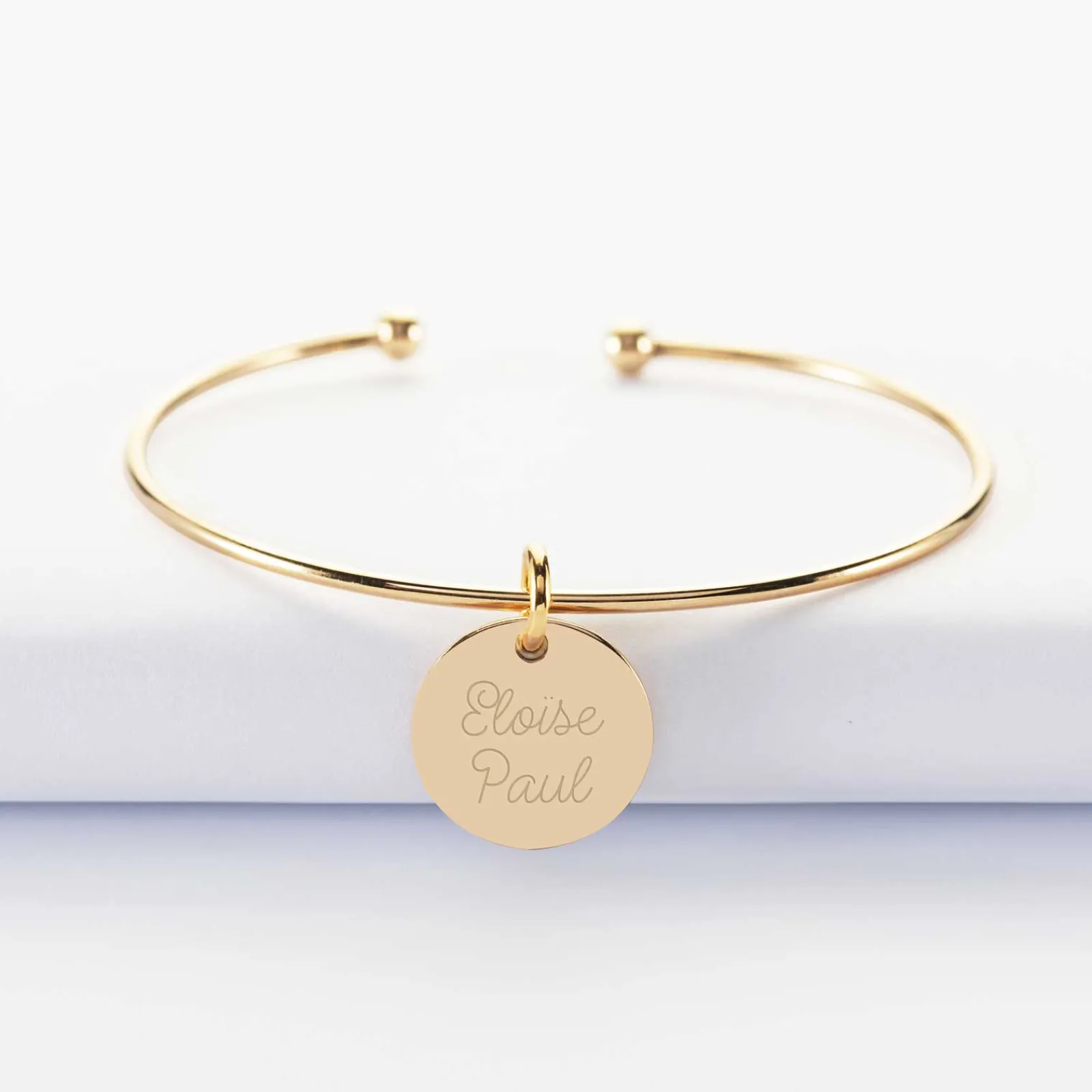 Discount HappyBulle Bracelet personnalisé jonc ouvert boules plaqué or médaille gravée 15 mm Plaqué or 18k