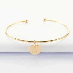 Online HappyBulle Bracelet personnalisé jonc ouvert boules plaqué or médaille gravée 10 mm Plaqué or 18k
