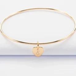 Best HappyBulle Bracelet personnalisé jonc plaqué or médaille gravée initiale coeur 10 mm Plaqué or 18k