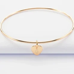 Best HappyBulle Bracelet personnalisé jonc plaqué or médaille gravée initiale coeur 10 mm Plaqué or 18k