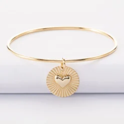 New HappyBulle Bracelet personnalisé jonc plaqué or médaille soleil coeur bombé gravée 19 mm Plaqué or 18k
