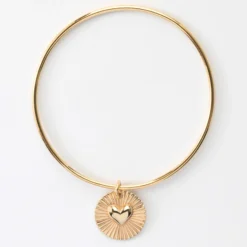 New HappyBulle Bracelet personnalisé jonc plaqué or médaille soleil coeur bombé gravée 19 mm Plaqué or 18k