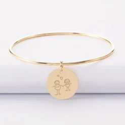New HappyBulle Bracelet personnalisé jonc plaqué or médaille soleil coeur bombé gravée 19 mm Plaqué or 18k