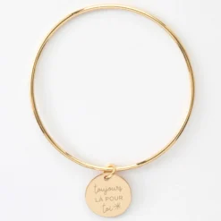 New HappyBulle Bracelet personnalisé jonc plaqué or médaille soleil coeur bombé gravée 19 mm Plaqué or 18k