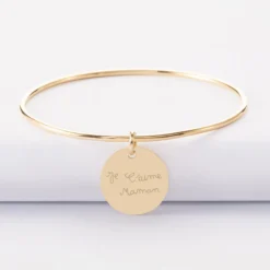 New HappyBulle Bracelet personnalisé jonc plaqué or médaille soleil coeur bombé gravée 19 mm Plaqué or 18k