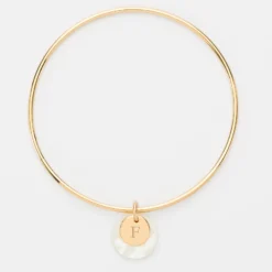 Online HappyBulle Bracelet personnalisé jonc plaqué or médaille gravée 10 mm et breloque nacre 15 mm Plaqué or 18k