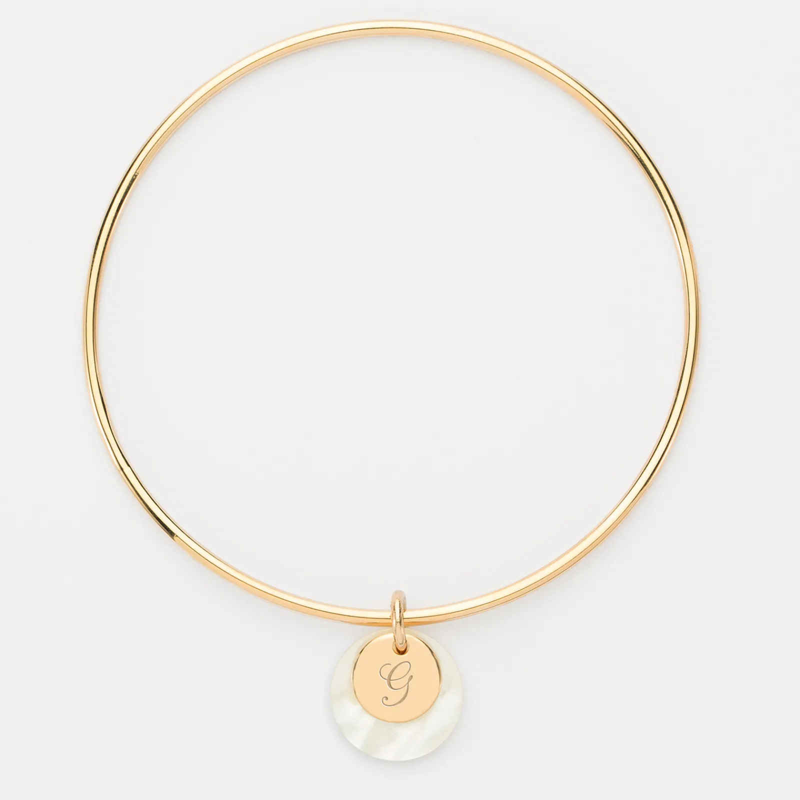 Online HappyBulle Bracelet personnalisé jonc plaqué or médaille gravée 10 mm et breloque nacre 15 mm Plaqué or 18k