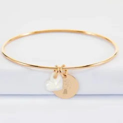 Discount HappyBulle Bracelet personnalisé jonc plaqué or médaille gravée 15 mm et breloque nacre 10 mm Plaqué or 18k