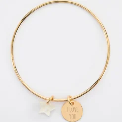 Discount HappyBulle Bracelet personnalisé jonc plaqué or médaille gravée 15 mm et breloque nacre 10 mm Plaqué or 18k